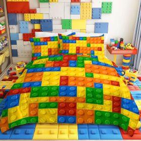 3 Piece Funny Toy Comforter Set with Pillow Shams Colorful Building Blocks Bedding Set with 3D Printed Designs Reversible Comforter Full Size Bed